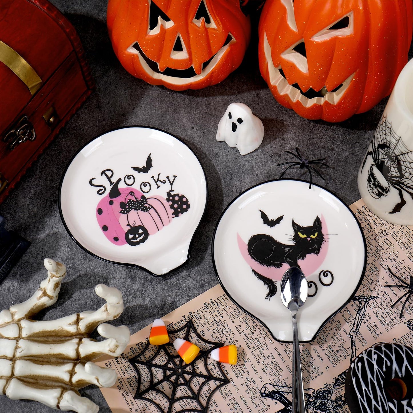Whaline 2Pcs 4.7inch Halloween Ceramic Spoon Rest Pink Pumpkin Black Cat Small Coffee Spoon Holder for Home Coffee Station Bar Accessories