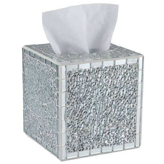 MDLUU Mosaic Glass Tissue Box Holder, Decorative Tissue Box Cover, Square Tissue Dispenser for Bathroom, Bedroom, Living Room (Silver)