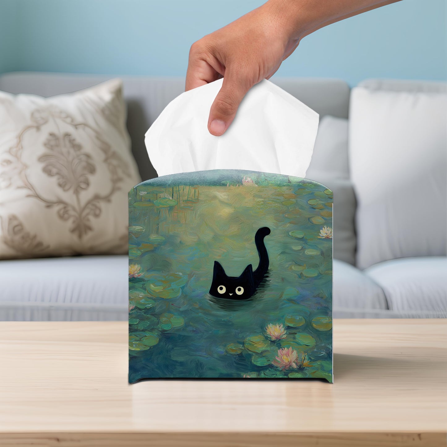 Black Cat Water Lily PU Leather Tissue Box Cover 5.2 Inch