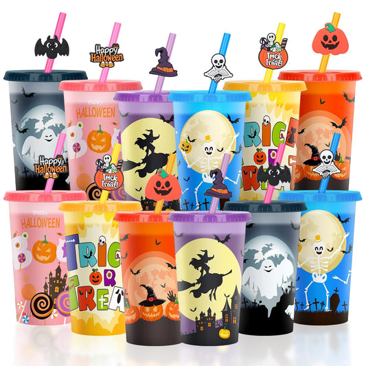Jansun 12pcs Halloween Color Changing Cups with Lids and Straws 12Oz Reusable Plastic Cups for Party Decorations for Halloween Party Favors Supplies