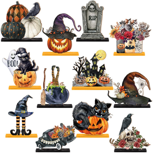 Marsui 12 pcs Halloween Wooden Decor Table Centerpieces Decorations for Home Spooky Halloween Pumpkin Ghost Black Cat Wooden Sign Wood Blocks Sign Home Decoration Tiered Tray Decor for Kitchen Shelf