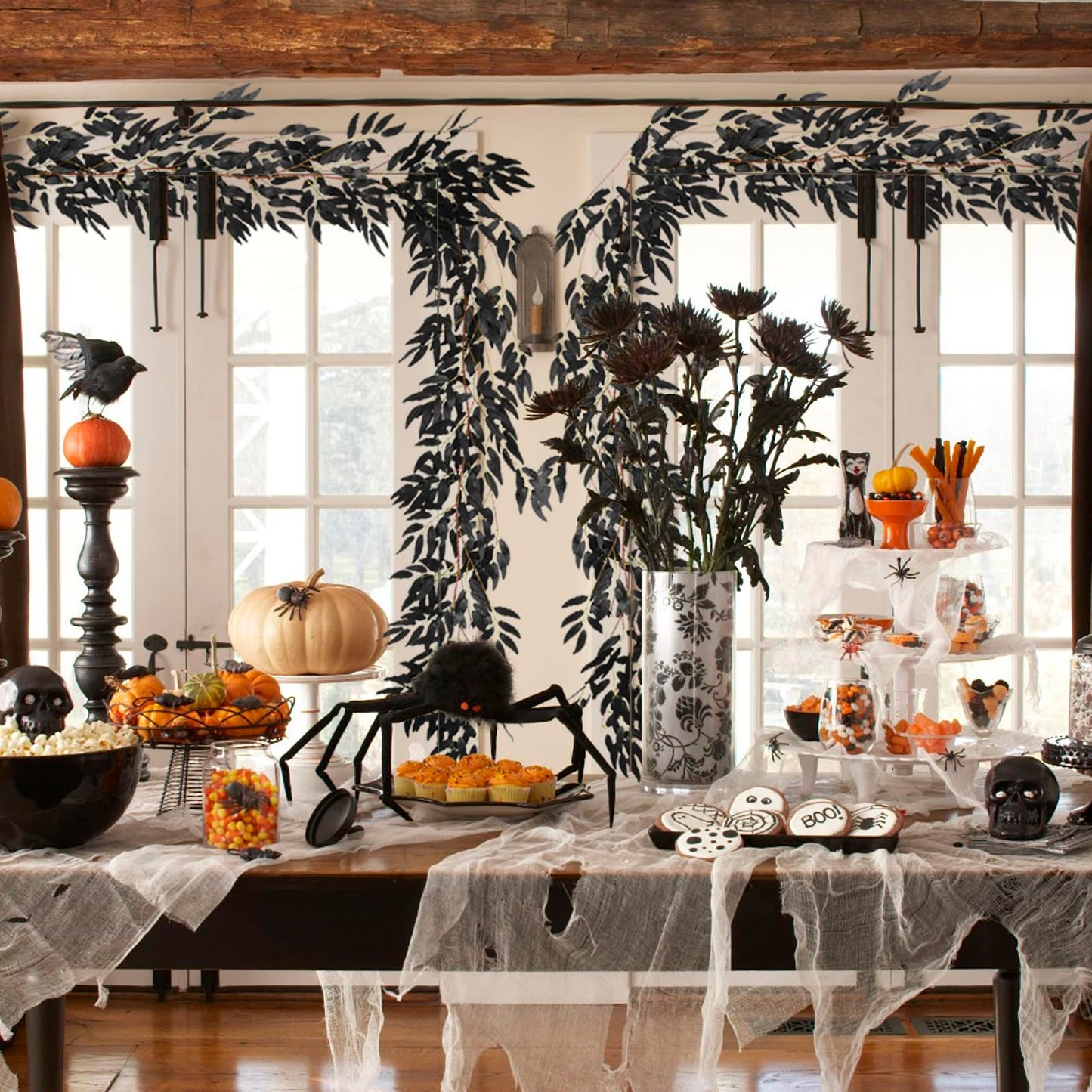 RECUTMS Artificial Hanging Willow Leaves Vine Twigs 2Pcs 5.9Ft Halloween Black Leave Garland Fake Silk Willow leaf Ivy Faux Greenery Plant for Indoor Outdoor Jungle Birthday Fall Christmas Party Decor