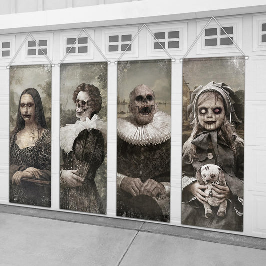 4Pcs Halloween Banner Haunted Pictures Gothic Mansion Portraits Posters Vintage Halloween Portraits Horror Woman Skull Ghost Poster Scary Face Banners Haunted House Decorations for Outdoor Indoor Home