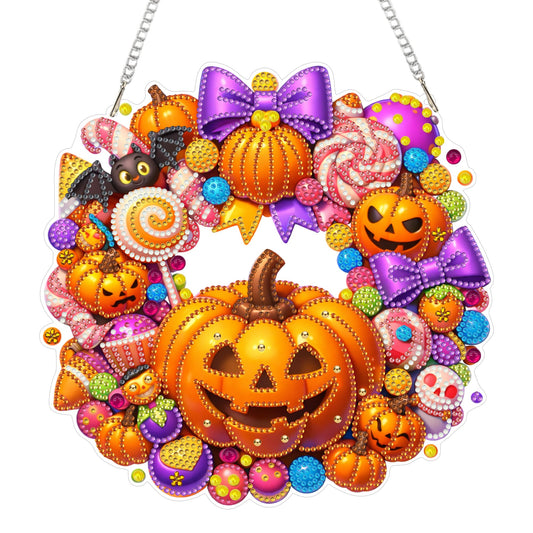 Eiflow Diamond Art Hanging Kit for Adults Candy Pumpkin, DIY Diamonds Pearl Painting Door Hanger Board Kit, Special Crystal Diamond Art Painting Pendant Ornament (Halloween Wreath)
