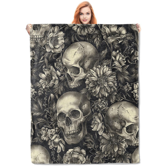 VANZEV Gothic Garden Skull Fleece Blanket Gifts, Dark Floral and Skeleton Design, Soft Throw 50x60 inches, Elegant Home Halloween Decor - Black and White