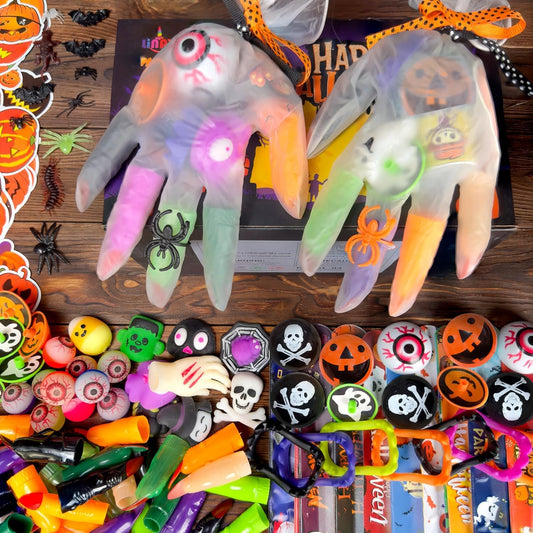 LINAYE 220PCS Halloween Party Favors for Classroom Kids, Non-Candy Halloween Classroom Gifts, Gloves Stuffed Toys Bulk Treat Goodie Bag Fillers Stuffers for Kids