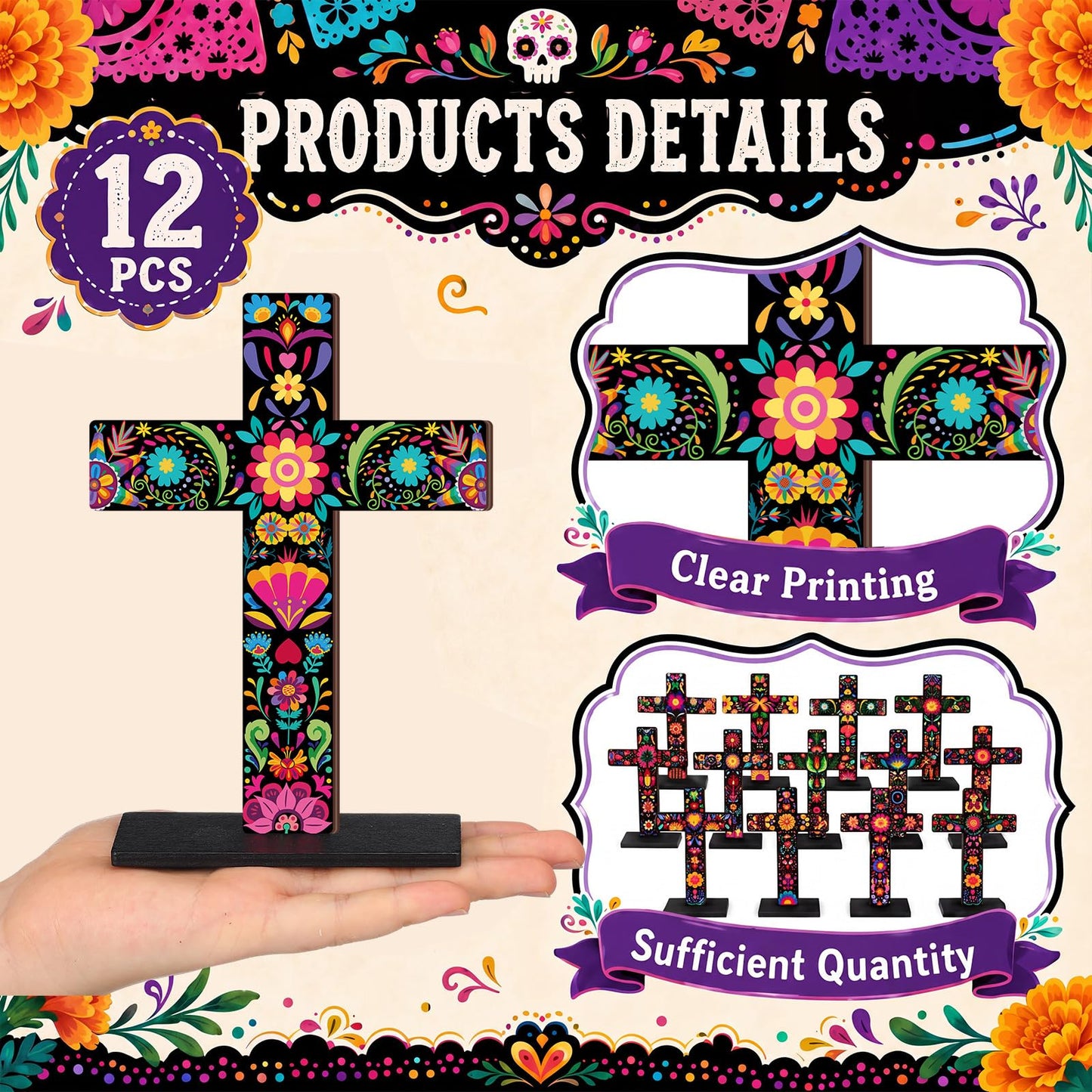Amyhill 8 Pcs Dia De Los Muertos Altar Table Decorations Wooden Mexican Otomi Tenango Floral Folk Art Cross Centerpiece Day of The Dead Tabletop Sign Religious Cross for Home Desktop Shelf Decor