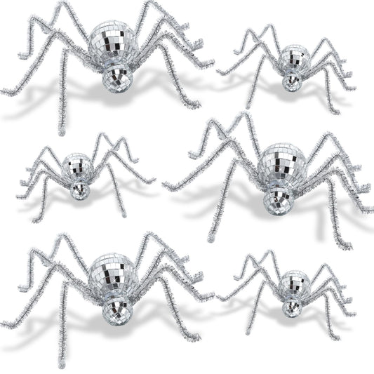 6pcs Halloween Disco Spider Decor 7.9'' 3.9'' Fake Spider Disco Ball Table Decoration Silver Vintage Glitter Mosaic Mirror Web Ornament for Indoor Tabletop Haunted House Hanging Prop Party Decor