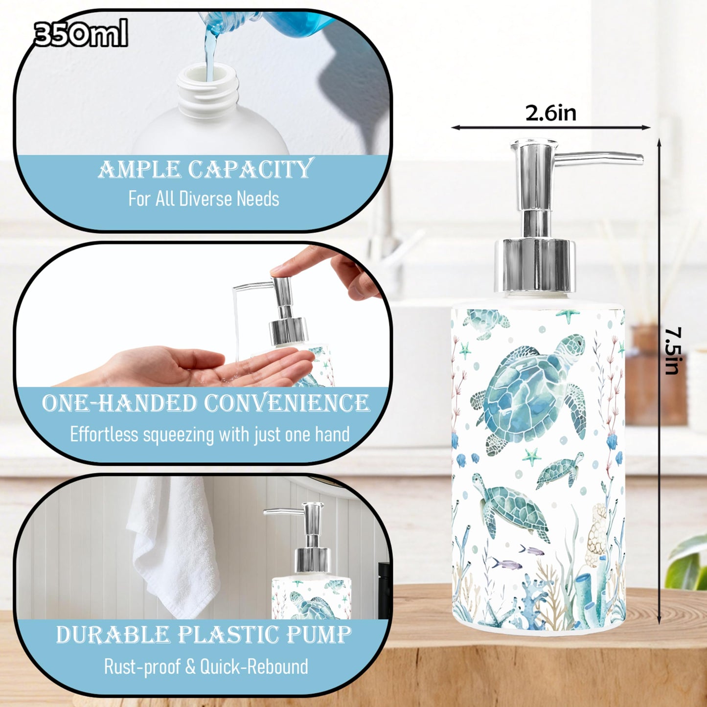 Mezeathos Coastal Turtle Soap Dispenser Glass Dispenser with Silver Pump Nautical Ocean Turtle Coral Starfish Refillable Liquid Soap Container for Summer Home Bathroom Kitchen Countertop Decor
