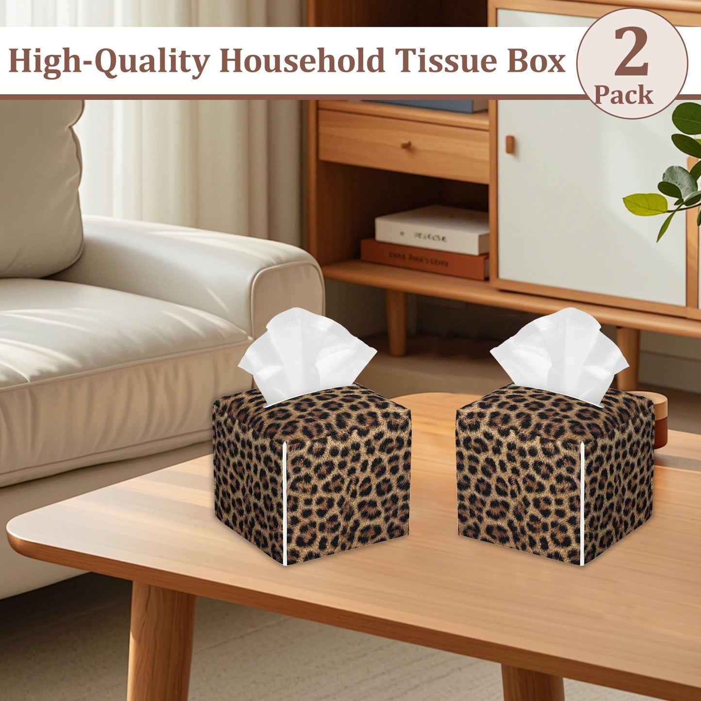 Leopard Prints Tissue Box Cover 2Pcs PU Leather Tissue Box Holder for Home, Square Tissue Holder for Harvest Autumn Season Halloween Thanksgiving Gift