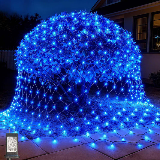 LitHome 14.8FT x 5FT Christmas Net Lights Outdoor Mesh Lights, 300 LED Christmas Blue Net Light for Bushes Connectable, 8 Modes Giant Mesh Light Waterproof Green Wire for 4th of July Tree Garden Decor