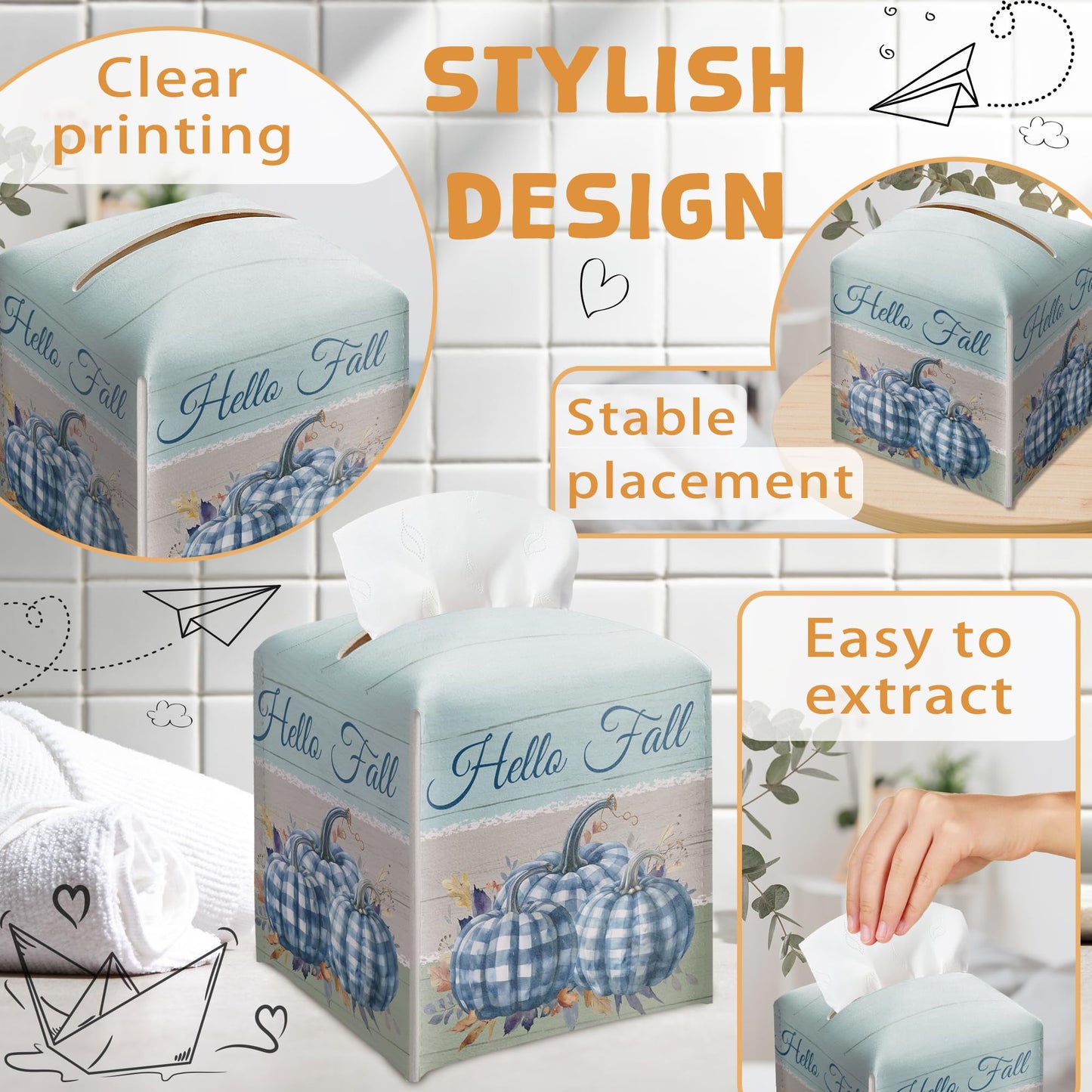Fall Tissue Box Holder, Blue and White Pumpkins Leather Tissue Box Cover Square, Fall Facial Paper Organizer Dispenser Toilet Paper Holder for Bathroom Kitchen Office Home Decor-A16