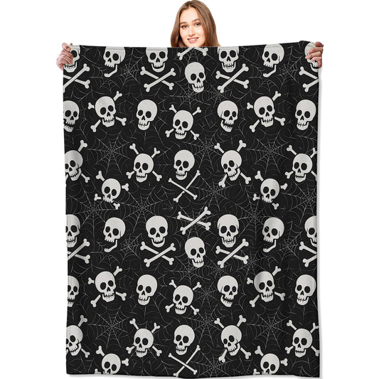 VODRM Skull and Crossbones Blanket Halloween Holiday Decor Gothic Spooky Skeleton Black Throw Gifts Lightweight Soft Fleece Spider Web Blankets for Creepy Fall Vibe Horror Goth Decoration 50x60in