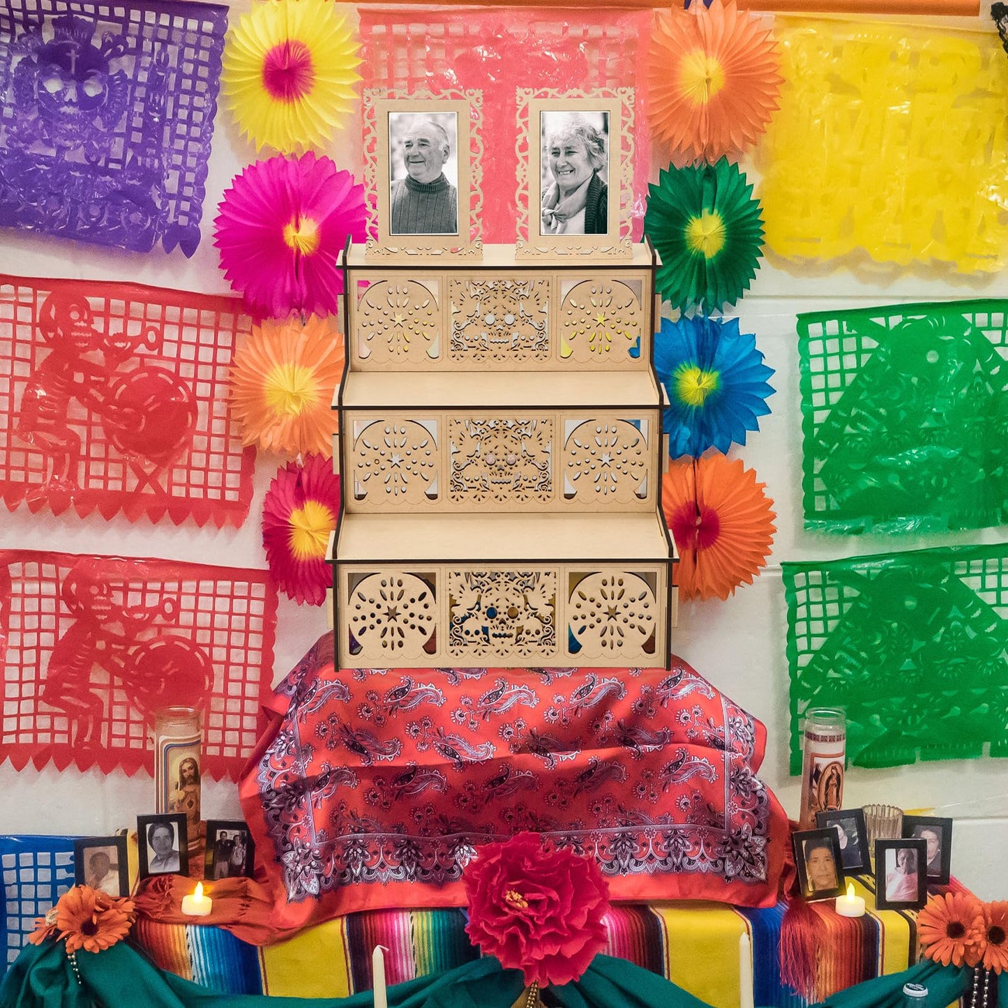 MotiMind Dia De Los Muertos 2 Photo Frame Three Layer Altar Ofrenda Box, Poplar Plywood Sugar Skulls and Pan de Muerto Papel Picado, Self Painting Shadow Box Frame The Day of The Dead Decor(Elegant)