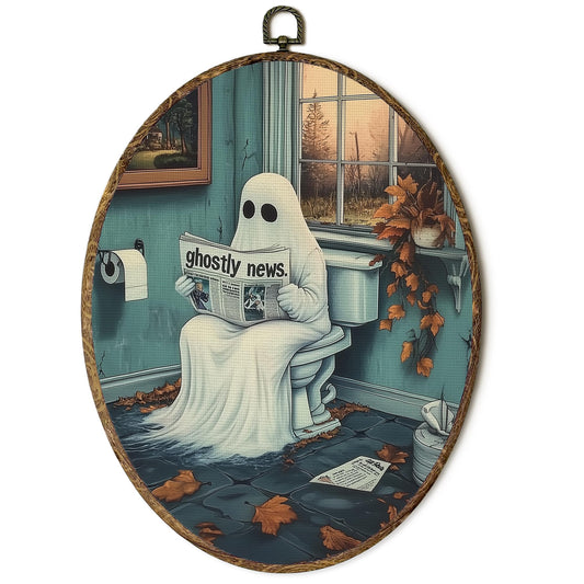 OINDADE Halloween Ghost Bathroom Oval Wall Art Decor, Fall Spooky Ghost on Toilet Wall Art Hanging Decor, Halloween Gothic Ghosts Fall Framed Canvas Artwork for Bathroom Washroom Toilet, 8.8x11.5in