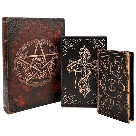 Vintage Gothic Book Box Set, 3 Decorative Faux Leather Storage Boxes with Hidden Compartments, Antique Style Book-Shaped Organizers, Black and Bronze, 13/10.3/8.2 Inch