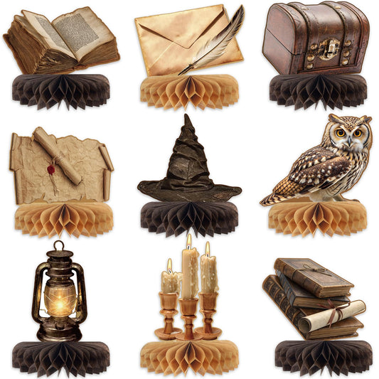 9Pcs Magical Birthday Party Decorations Magic Theme Honeycomb Centerpieces Magic School Table Decoration Vintage Owl Envelope Table Topper Decor for Magical Birthday Baby Shower Party Supplies