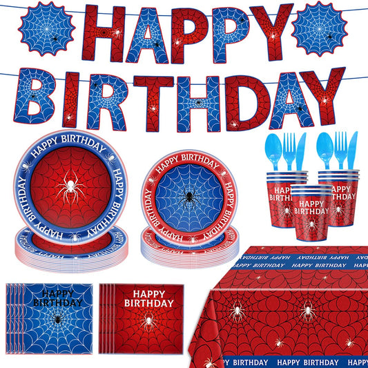 96Pcs Spider Birthday Party Tableware, Spiderweb Theme Plates Napkins Cups Forks Knives Spoons Banner Party Supplies