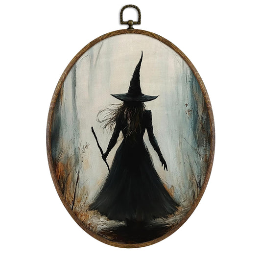 KFXHANGD Vintage Dark Witchy Oval Wall Art Framed, Rustic Halloween Gothic Witch Canvas Wall Art Decor, Farmhouse Dark Academia Spooky Cottagecore Hanging Decor for Bathroom Gallery Bedroom, 8.7x11.3