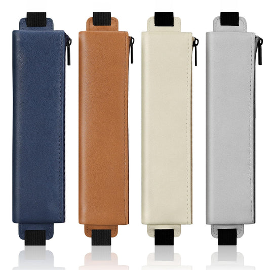MoKo Elastic Pen Holder for Notebook, 4 Pieces PU Leather Pencil Case with Adjustable Band, Stationery School Supplies Zipper Bag for Planners, Journals, Book