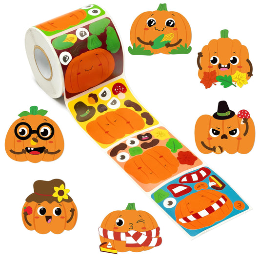 Haooryx Fall Pumpkin Stickers Roll - 300pcs Make Your Own Halloween Pumpkin Make A Face Waterproof Vinyl Reusable Laptop Stickers Scrapbook Water Bottle Page Activity Pad Autumn Party Favor Skateboard
