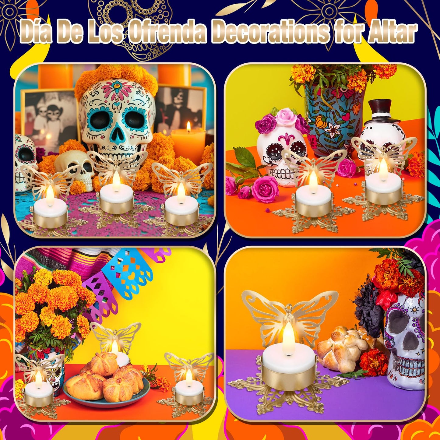 LemonRoad 8 Pcs Day of the Dead Hollow Candlestick Día De Los Metal Flower Butterfly Candle Holder for Home Tabletop Decor Mexican Party Day of the Dead Decorations Halloween Party Favors