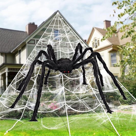 JOYIN Halloween Spider Web and 59'' Giant Spider, 16.4 x 15.7 Ft Large Triangular Web and Stretchy Cobweb 100g for Outdoor Decor, Spiderweb for Patio, Garden, Yard, Haunted House, Indoor Home Party