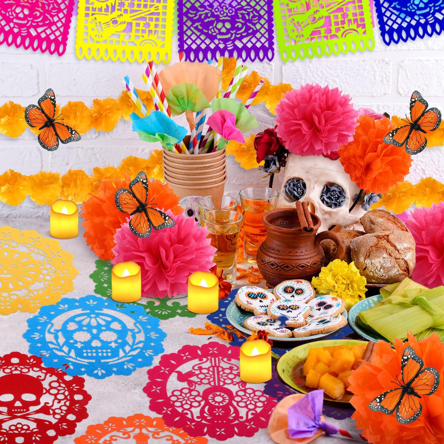 Fulmoon 46 Pcs Day of The Dead Altar Decoration Dia De Los Muertos Decor Include 4 Marigold Garland 12 Flameless Candles 2 Mexican Banner 12 Monarch Butterfly 6 Marigold Flower Head 10 Paper Dollies