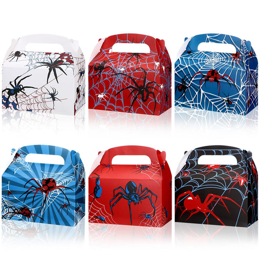 Gilprop 16 Pcs Spider Birthday Party Favor Boxes Spider Gifts Goodie Treat Boxes with Handles 6.3 x 3.23 x 3.74 Inches Double Sided Printed Gable Candy Bag for Party Supplies, 6 Style