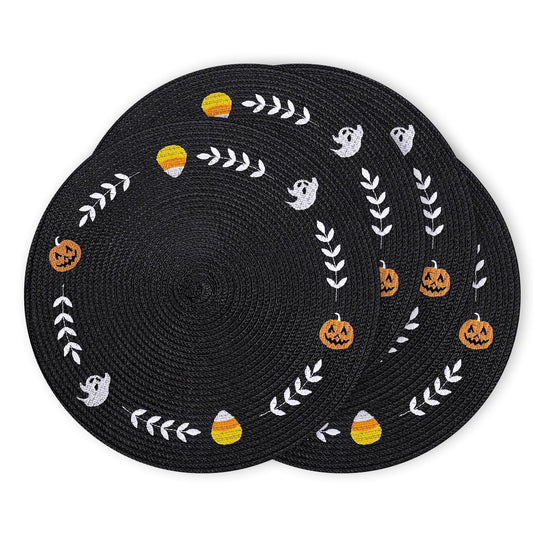 Whaline 4 Pcs Round Halloween Placemats Embroidered Ghost Pumpkin Candy Corn Place Mats Black Spooky Dinner Table Mats for Halloween Holiday Trick or Treat Party Table Decor