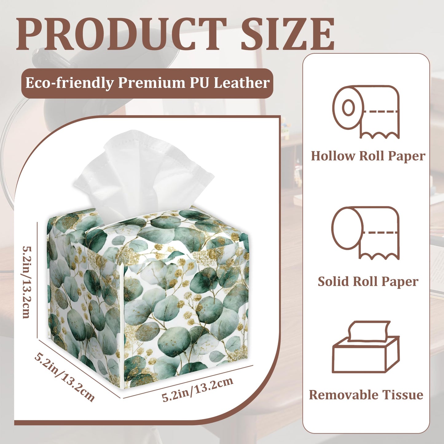 Eucalyptus Leaves Tissue Box Cover 2Pcs PU Leather Tissue Box Holder for Home, Square Tissue Holder for Harvest Autumn Season Halloween Thanksgiving Gift
