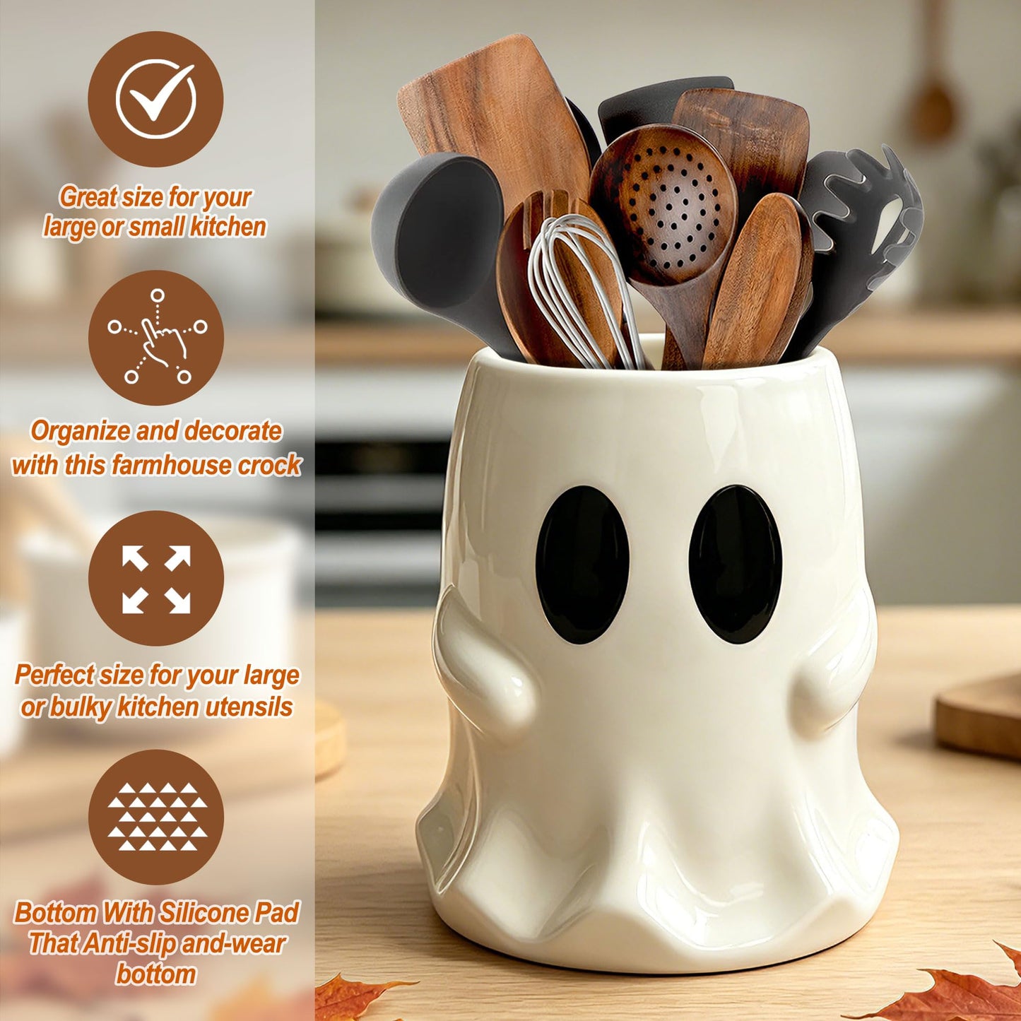 pinata Halloween Kitchen Decor Ceramic Ghost Utensil Holder, Cute Halloween Utensils Holder, Ceramic Utensils Crock for Rustic Farmhouse Indoor Kitchen Decorations(6.3 Inches)