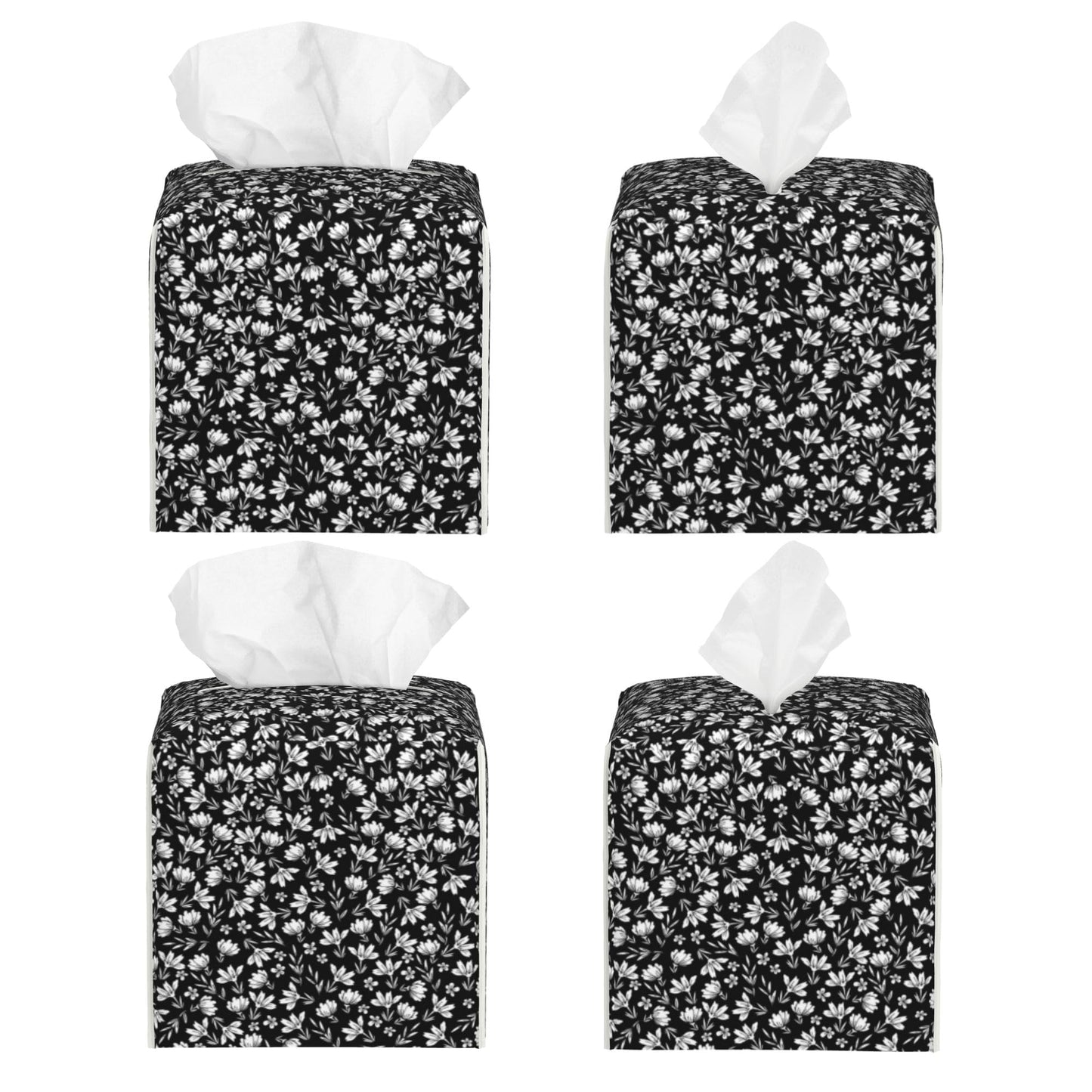 POIUBLE Leather Tissue Box Holder Black and White Flowers Tissue Box Cover Square Waterproof Tissue Holder Organizer Modern Napkin Holder for Bedroom Dresser Night Stand Office Desk