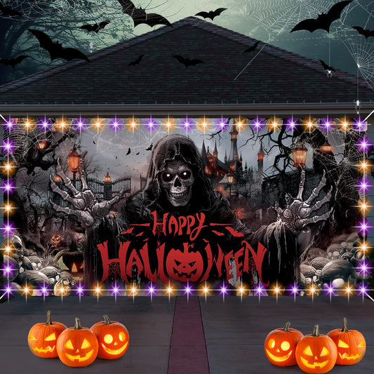 FuWeave Halloween Garage Door Banner Cover with LED String Light Battery Box Outdoor Large Halloween Garage Door Decors Skull Ghosts Backdrop for Wall Door House Party Decor(Happy Halloween, 6x13ft)
