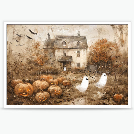 Vintage Halloween Ghost Wall Art Cute Ghosts Haunted Farmhouse Poster Spooky Pumpkin Patch Painting Prints Country Cottage Fall Wall Decor for Bedroom 12x16in Unframed