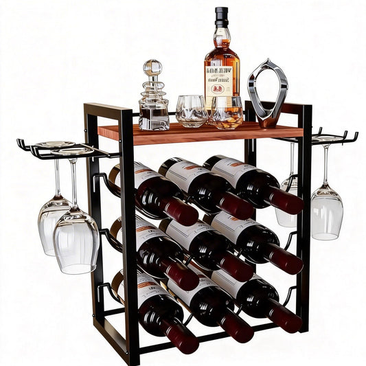 B4Life Wine Rack Countertop, Wine Glass Holder and Bottle Holder with Tray, Countertop Liquor Storage Holds 9 Liquor Bottles and 4 Glasses, Freestanding Liquor Storage for Home, Kitchen, Bar, Cellar