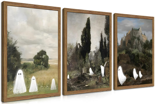Vintage Landscape Ghost Wall Art Set of 3, Halloween Gothic Cute Ghost Decor, Farmhouse Country Posters Prints Pictures Paintings for Living Room Bedroom Bathroom Home Decor 12x16 Inch Wood Framed