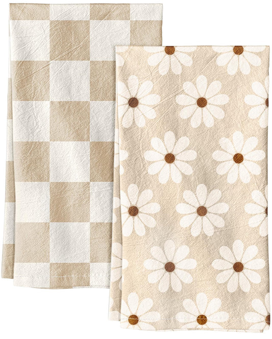 Miss Adola 2 Pack Flour Sack Kitchen Towels - 16x26 Inch Cotton Dish Towels with Hanging Loop Reusable Geometric Boho Modern Retro Tea Towel Absorbent Dishcloths Home Decor, Beige Checkered Flower