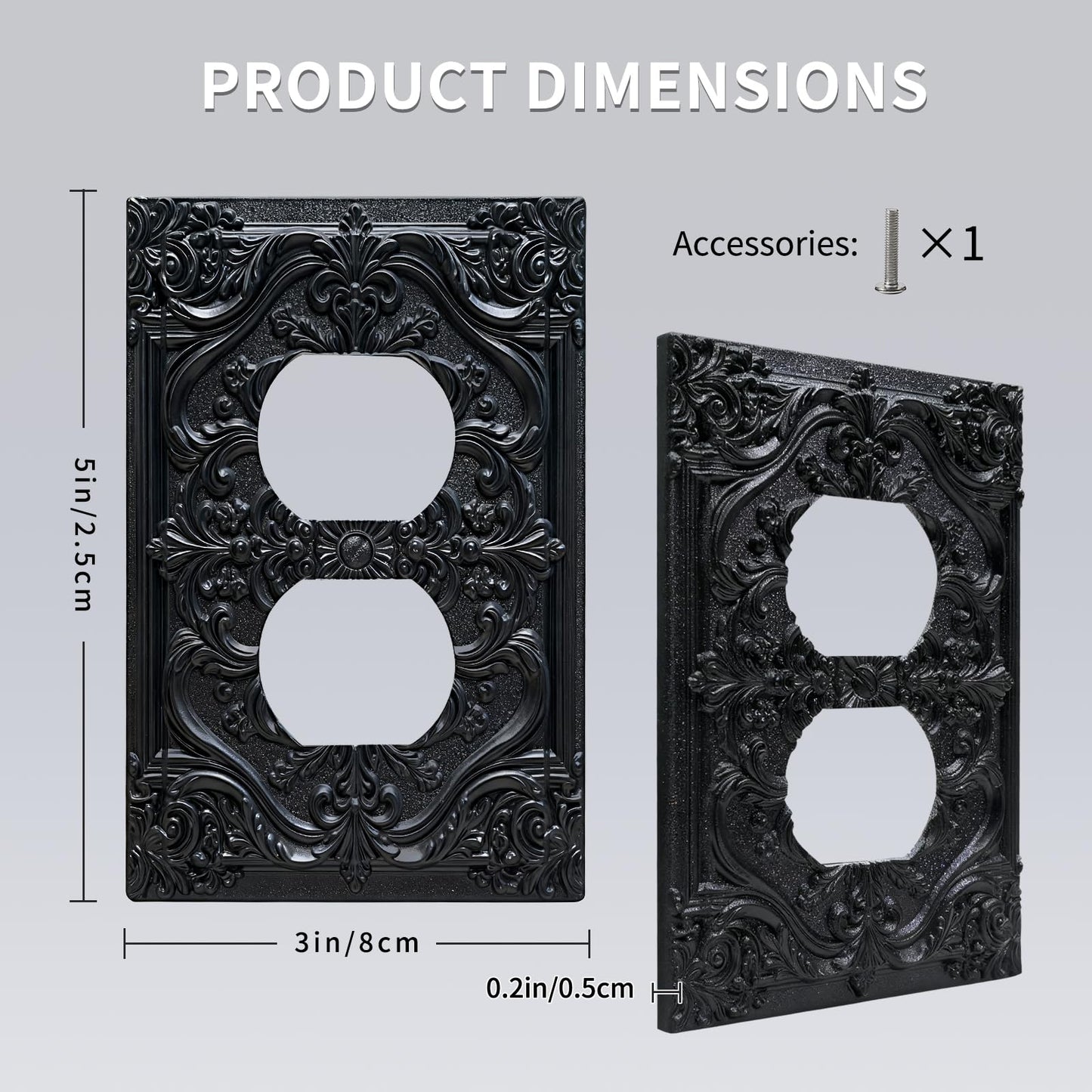 CZRPKEN Decorative Outlet Cover Black Luxury 3D Embossed Ornate Floral Design 1 Gang Duplex Light Switch Cover Plate Unique Wall Plate Electrical Switch Plate Covers for Elegant Home Wall Decor