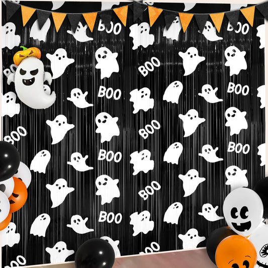 Augisteen 2 Packs Halloween Foil Fringe Curtains 3.3 x 6.6 Ft Black White Cute Ghost Photo Backdrop Streamers Boo Theme Tinsel Curtain Metallic Backdrop for Kids Birthday Babyshower Party Supplies