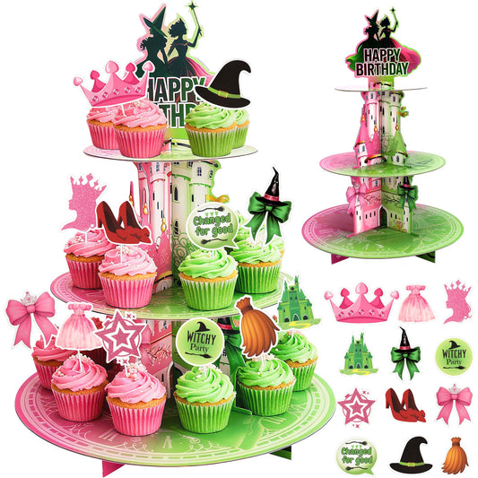 Princess and Witch Cupcake Stand with Cupcake Toppers – 3 Tiers Pink and Green Wizard Cupcake Tower with 24 PCS Witch and Fairy Cupcake Toppers for Birthday Decorations