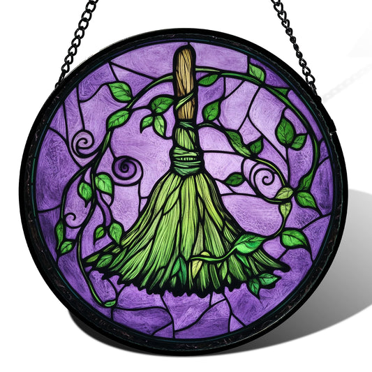 AMDERVEN Stained Glass Window Hanging - Halloween Decorations Witch Magic Broom Suncatcher for Doors Garden Indoor Funny Spooky Sun Catchers Gothic Decor Horror Gifts for Women Men Friend 7.8 in