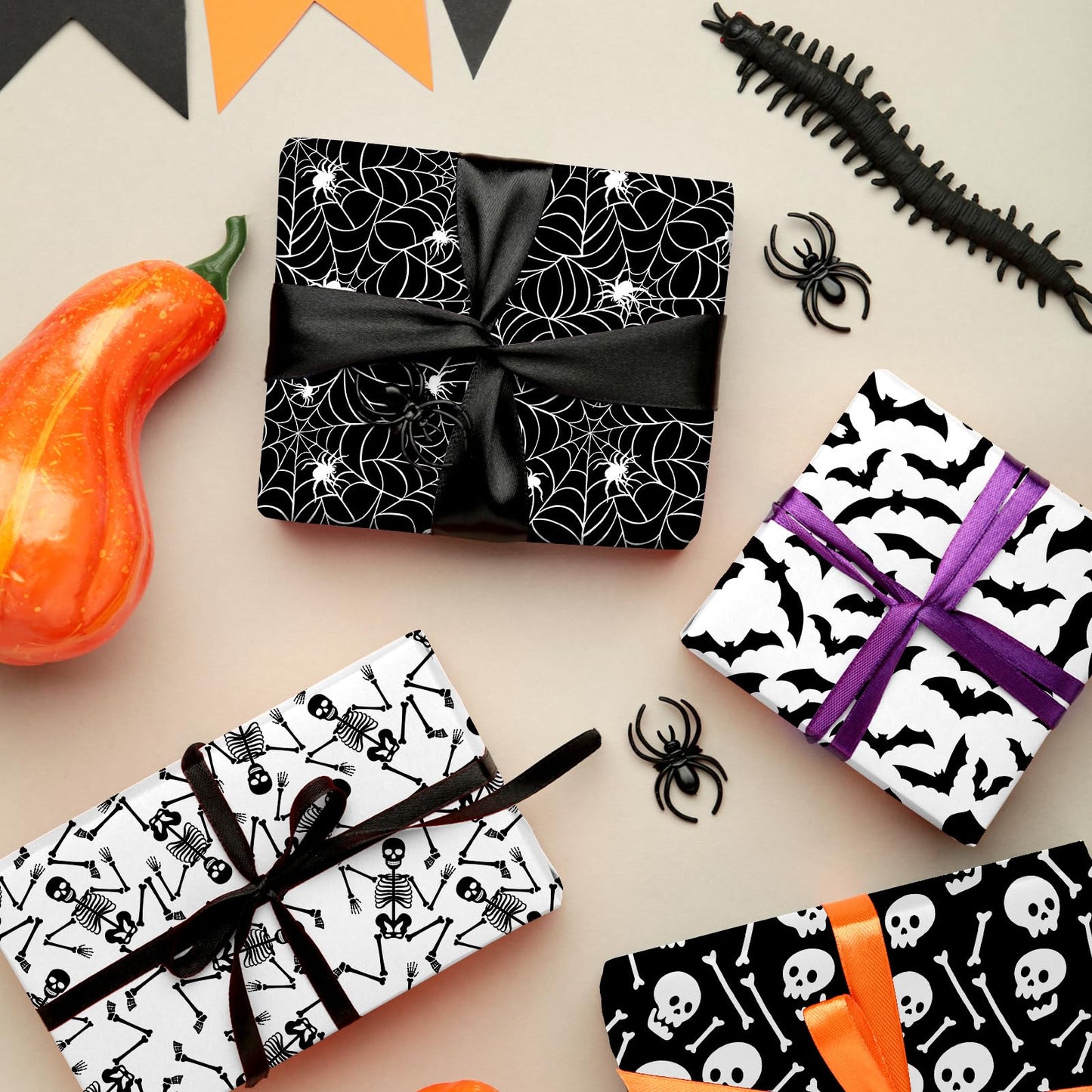 JarThenaAMCS 8Pcs Halloween Cotton Fabric Bundles Ghost Skull Bat Spider Web Fat Quarters Spooky Black White Quilting Patchwork for DIY Sewing Craft Decor, 18 x 22 Inch