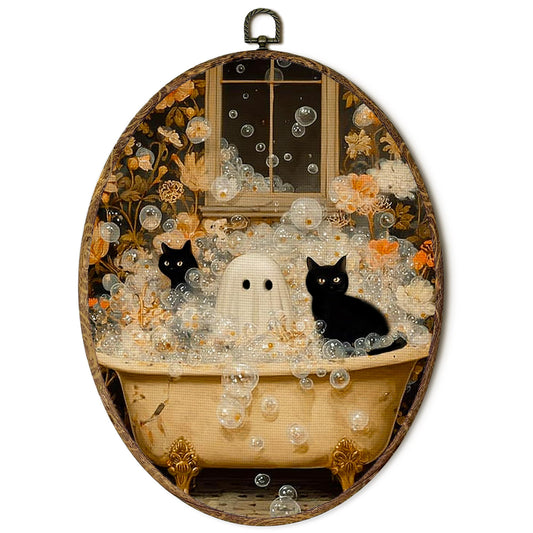 FSTCSV Halloween Bathroom Ghost Black Cat Oval Wall Art Framed, Funny Ghost Cat Bath Canvas Prints Wall Hanging Art, Vintage Whimsy Halloween Oval Walls Decor for Bathroom Washroom Toilet, 8.8x11.5in