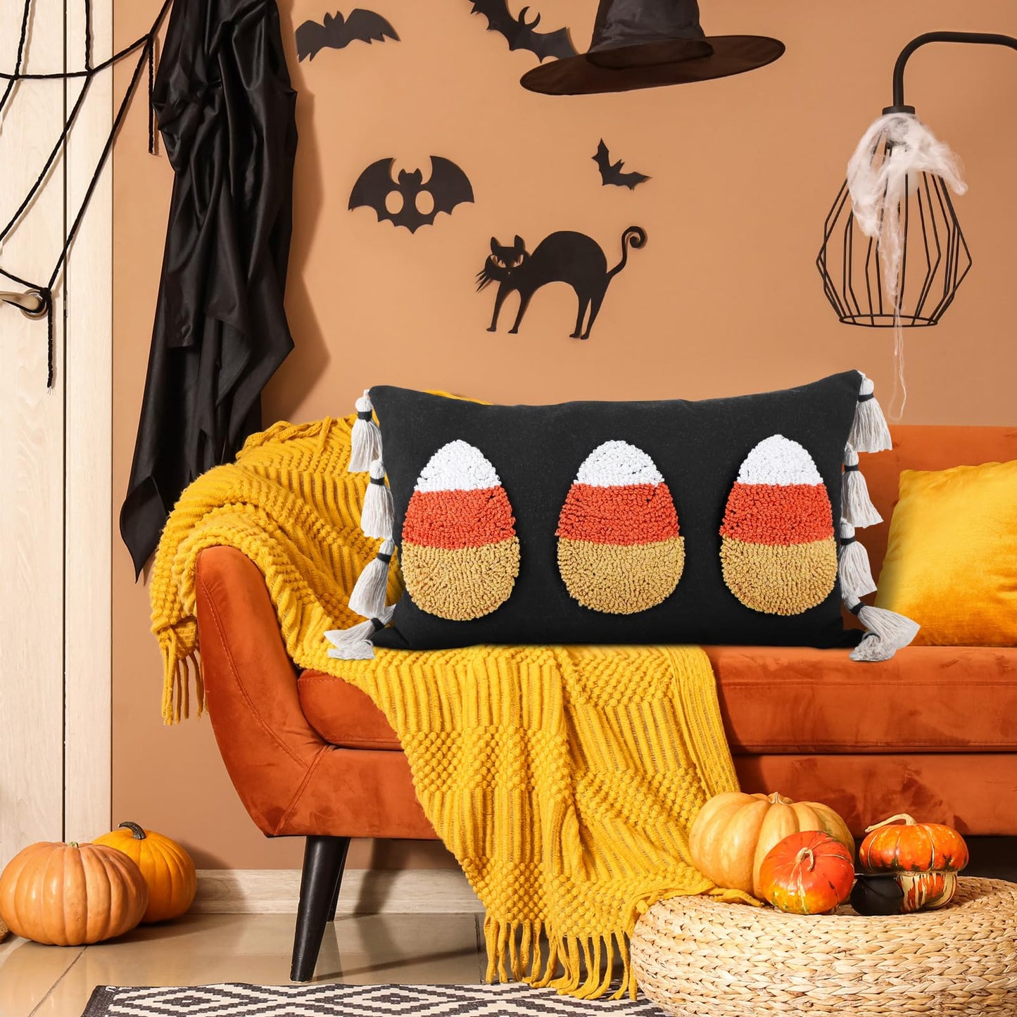 Yuntau Halloween Throw Pillow Cover with Tassels 12 x 20 Inch Decorative Candy Corn Pillowcase Embroidery Furry Plush Candy Corn Cushion Cover Halloween Decorations for Home Sofa Couch Bedroom Outdoor