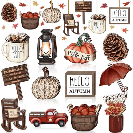 Maitys 36 Pcs Fall Tree Ornaments Thanksgiving Hanging Decorations Vintage Pumpkin Gnome Leaf Wood Cutouts Autumn Harvest Party Favor Gift Holiday Office Tree Home Decorations Supplies(Simple)