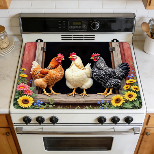 Farm Rooster Chickens Stove Top Cover for Electric Stove 28x20 Inch Silicone Stove Topper & Protector, Decorative Kitchen Mat for Electric/Glass Stove Top