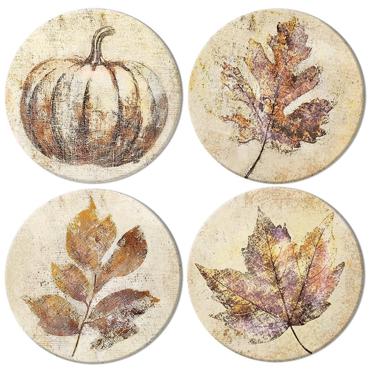 4Pcs Fall Thanksgiving Ceramic Coasters Vintage Pumpkin Maple Leaf Drink Coasters Autumn Absorbent Cup Mat for Mug Cup Home Kitchen Party Table Decor