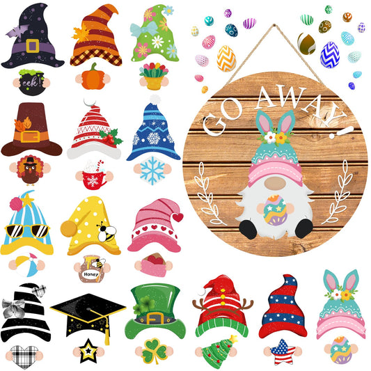 Seasonal Gnome Wall Decor Set, 11.8 inch Wooden Round Sign with Interchangeable Holiday Hats, Welcome Door Hanging (Delicate)