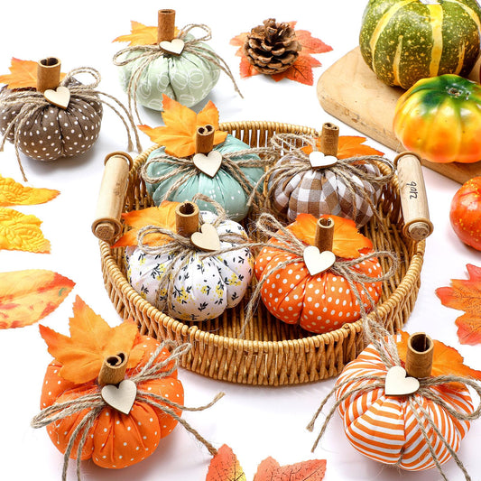Geelin 8 Pcs Fall Fabric Pumpkin Decor Artificial Pumpkin for Decorating Thanksgiving Farmhouse Harvest Decoration with Maple Leaves Autumn Tray Table Centerpiece Decor Thanksgiving Tree Decoration